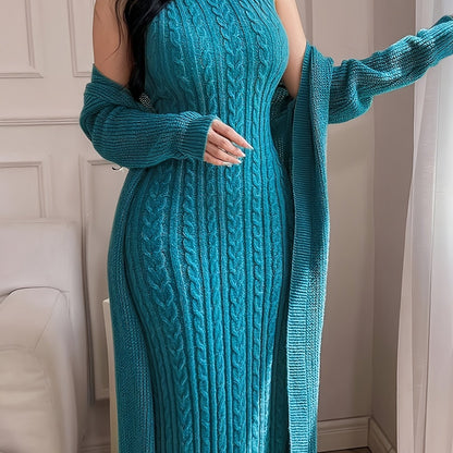 Women’s Elegant Khaki Knit Two-Piece Set – Round Neck Cardigan Top & Sleeveless Braided Texture Dress, Chic Autumn/Winter Outfit for Dates & Parties