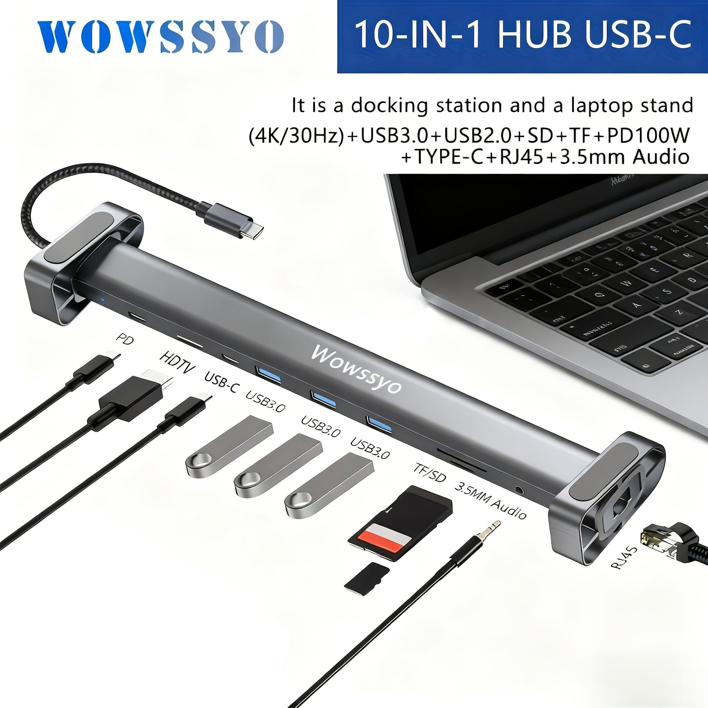 Wowssyo 10-in-1 USB-C Docking Station – Triple Display Hub with 4K HDMI, 100W PD, Ethernet, SD/TF, Audio & USB 3.0