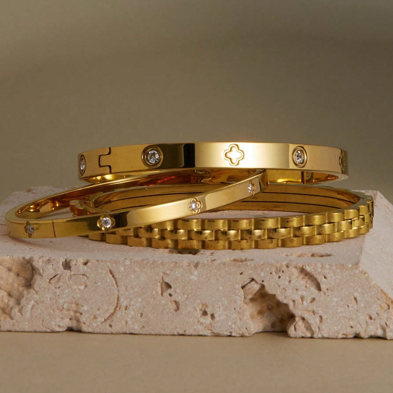 3-Piece Gold-Plated Stainless Steel Bracelet Set – Elegant Chain & Clover Designs for Parties, Festivals, Weddings & Special Gifts