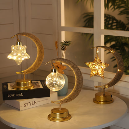 1pc LED Ironwork Rope Star Moon Lamp | Christmas, New Year, Ramadan Lighting, Warm Light, No Battery, Suitable for Holiday Parties, Home Bedroom Desk Lamp Ambience Decoration