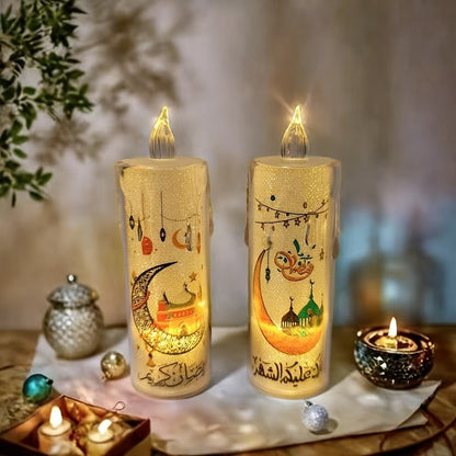 [Ramadan Decor | LED Candles] 2pcs High-Quality LED Crystal Flameless Candles with Islamic Motifs | Battery Operated, Ramadan Decor for Indoor & Outdoor Use | Perfect for Parties, Family Gatherings, and Festive Celebrations (