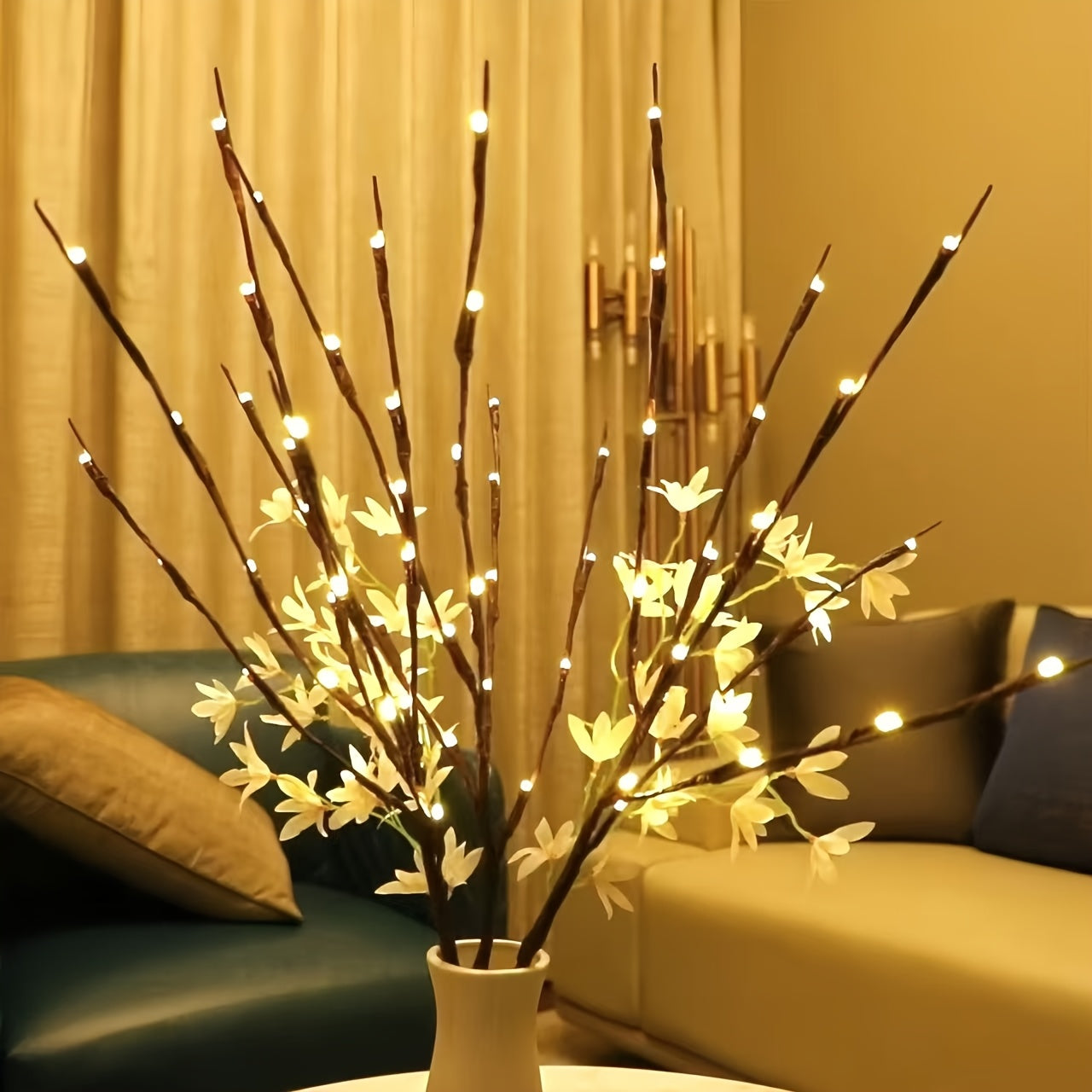 2-Piece Artificial Tree Branch LED Light Set – Battery-Powered 20-LED Vase Decorations for Home, Holidays & Romantic Bedside Lighting