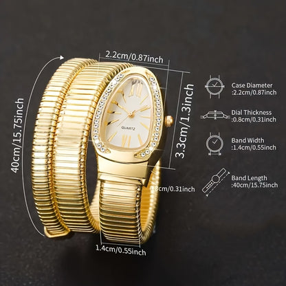 Women’s Snake-Shaped Wrap Watch with Crystals – Elegant Golden & Rose Gold Metal Band, Oval Dial, Quartz Movement, Sophisticated Fashion Timepiece
