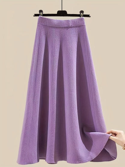 طقم نسائي من قطعتين من ملابس التريكو لفصلي الخريف والشتاء - بلوزة عصرية مع تنورة فضفاضة