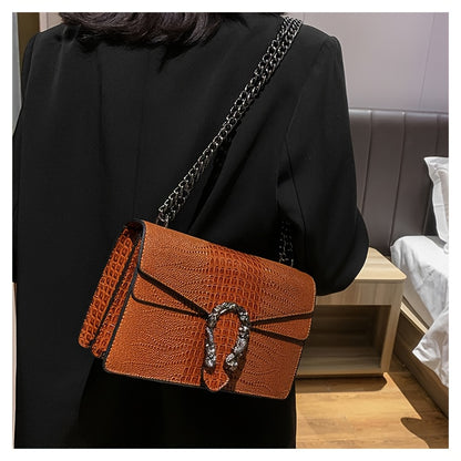 Women’s Luxury Crocodile-Embossed Crossbody Bag – Vintage Faux Leather Shoulder Purse with Adjustable Chain Strap, Zipper & Snap Closure, G-Style Design