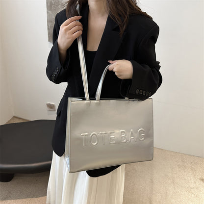 PU Textured Large-Capacity Women’s Tote Bag — Vintage Commuter Shoulder & Crossbody Bag with ‘TOTE BAG’ Embossed Design, Durable and Lightweight, Ideal for Work, Business & School, Available in Black, Brown, and Silve