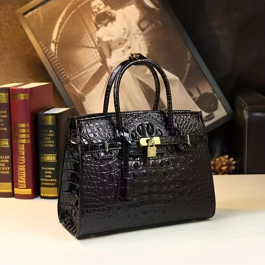 Women's Alligator-Texture Handbag – Elegant Large Tote with Gold Hardware, Zipper Closure & Detachable Strap