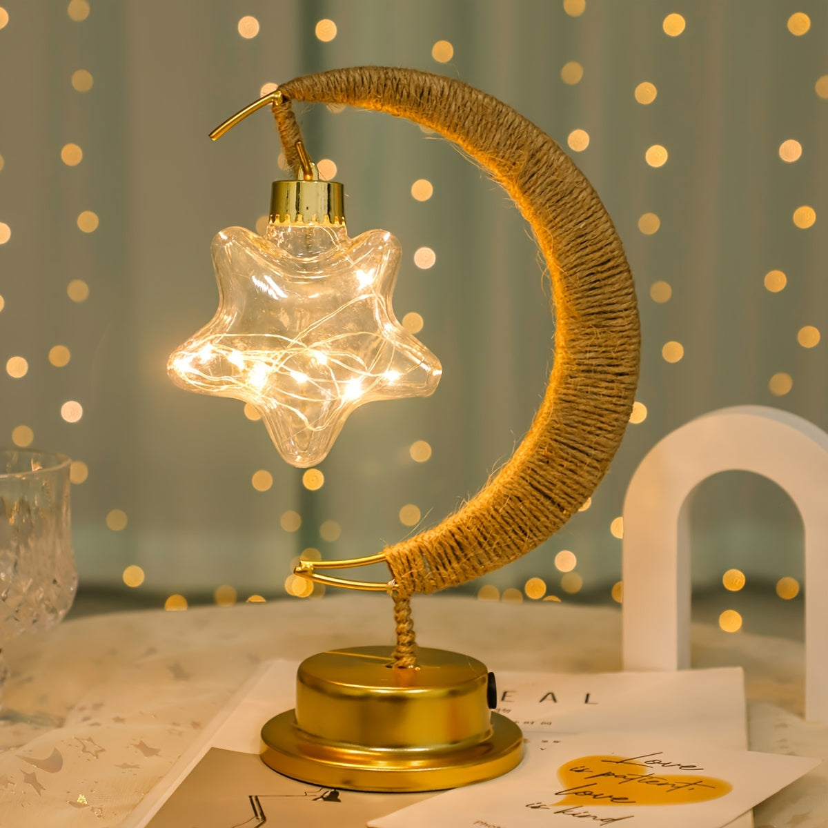 1pc LED Ironwork Rope Star Moon Lamp | Christmas, New Year, Ramadan Lighting, Warm Light, No Battery, Suitable for Holiday Parties, Home Bedroom Desk Lamp Ambience Decoration