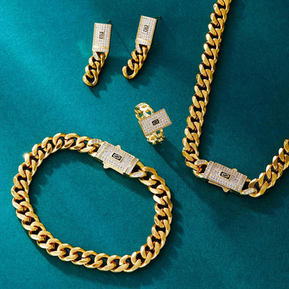 Golden Chain Jewelry Set – Necklace, Bracelet, Earrings & Open Ring with Synthetic Zircon, Punk Hip-Hop Style for Daily Wear & Holiday Gifts