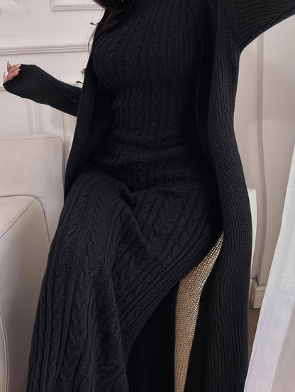 Women’s Elegant Khaki Knit Two-Piece Set – Round Neck Cardigan Top & Sleeveless Braided Texture Dress, Chic Autumn/Winter Outfit for Dates & Parties