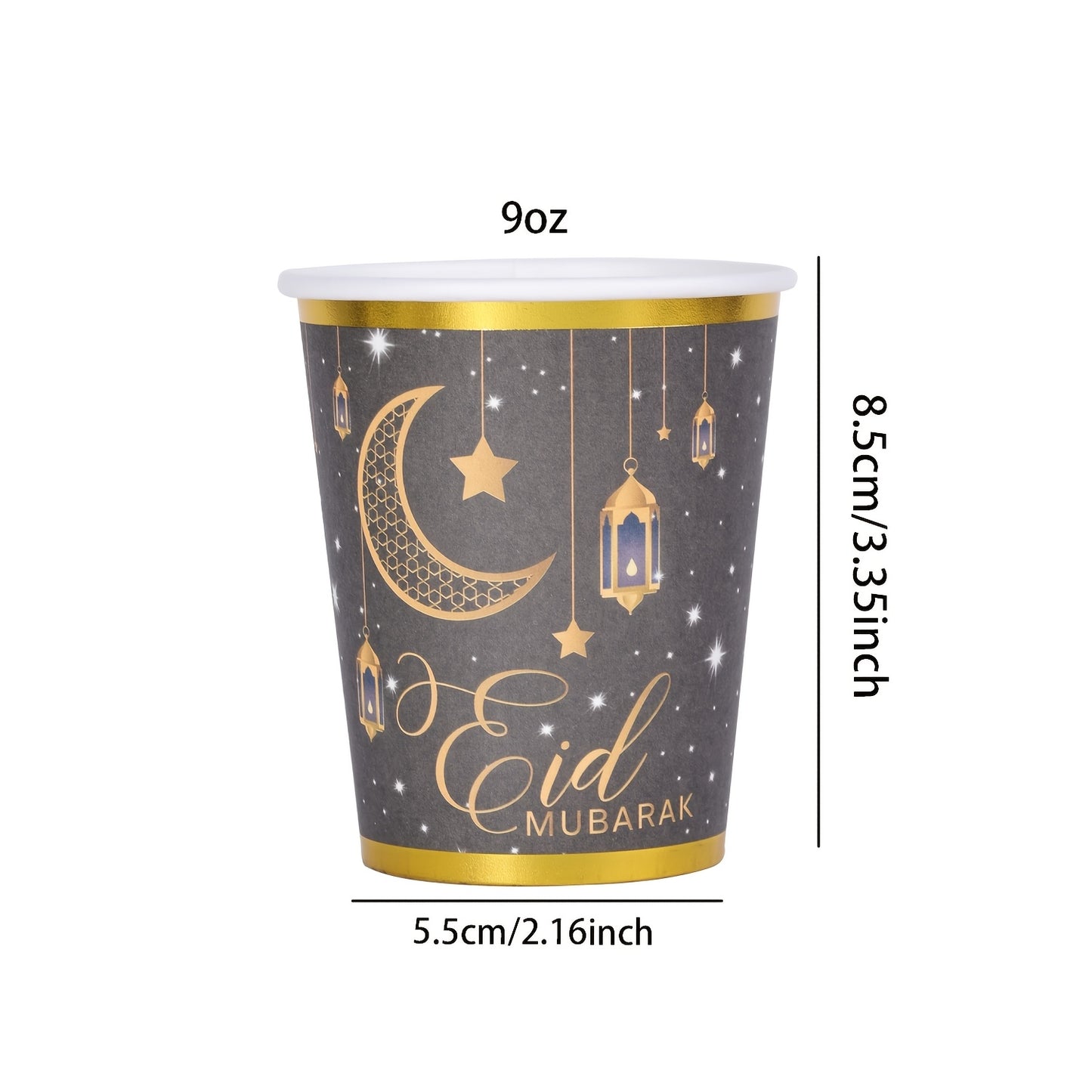 20pcs/40pcs/60pcs Black & Golden Elegant Eid Mubarak Party Disposable 9Oz Paper Cups with Golden Edge | Golden Foil Moon Star Lantern Print, Ideal for Ramadan Kareem Festival Gatherings Valentine Easter