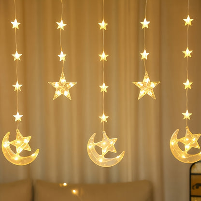 ستارة إضاءة دافئة على شكل هلال ونجمة، بطول 200 سم/78.74 بوصة، أضواء سلسلة LED رمضانية، مناسبة لتزيين غرف النوم، وتزيين الجدران والنوافذ، خيار مثالي لرمضان، عيد الفطر، رمضان مبارك، للمنزل