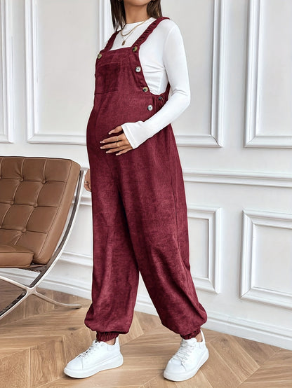 Women’s Maternity Oversized Trousers – Full-Length Corduroy-Style Pregnancy Pants with Adjustable Drawstring Waist & Golden-Tone Buttons