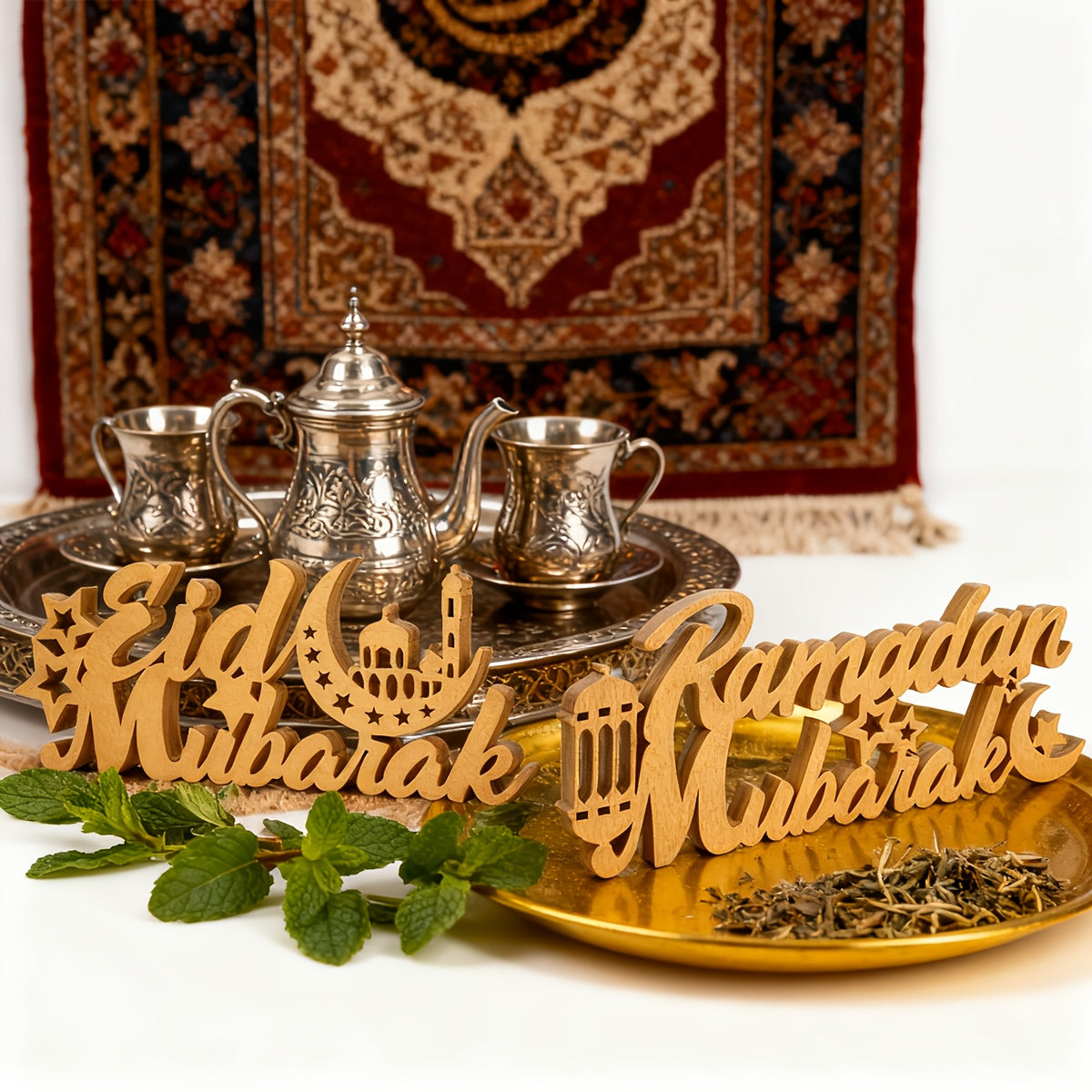 This Set of 2pcs Features Golden Wooden Decorations for Ramadan And Eid, Incorporating Symbols of Both "Ramadan Mubarak" And "Eid Mubarak." It Covers The Entire Period from Ramadan Blessings to Eid Celebrations, Suitable for