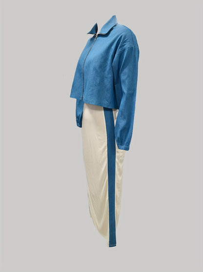 طقم بليزر وفستان نسائي من مجموعة Y2K بألوان متعددة - جاكيت أزرق بأكمام طويلة وسحاب مع فستان بيج بدون أكمام بقصة ضيقة، مناسب للمكتب والشارع في الربيع/الخريف