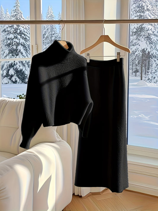 Women’s Autumn-Winter Knitwear Set — Loose Long Dress with High Neck Pullover Sweater, Solid Color