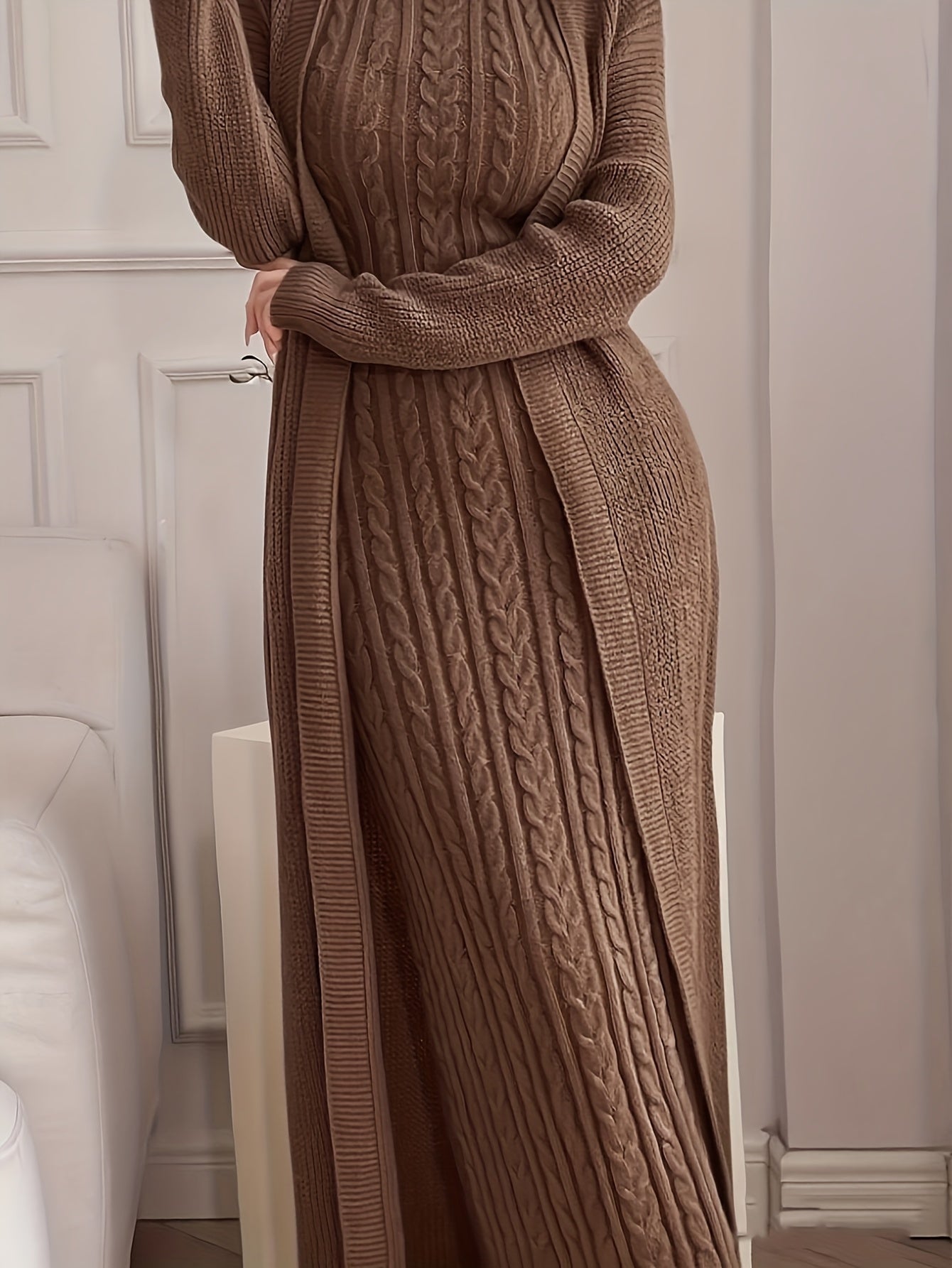 Women’s Elegant Khaki Knit Two-Piece Set – Round Neck Cardigan Top & Sleeveless Braided Texture Dress, Chic Autumn/Winter Outfit for Dates & Parties