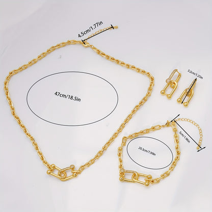 Women’s Elegant Interlocking Micro-Inlay Jewelry Set – Earrings, Necklace & Bracelet with Chain Design, Light Luxury Style for Weddings & Valentine’s Day