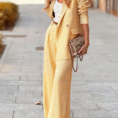 Women’s Two-Tone Plaid Blazer & Pants Set — Double-Breasted, Long Sleeve, Loose Fit, All-Season Wear