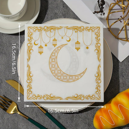 ٨٠ قطعة من مناديل إسلامية أنيقة على شكل هلال | مناشف ورقية مزدوجة الطبقات للاستخدام مرة واحدة لتزيين موائد رمضان والعيد، بنقوش هلالية مميزة للتجمعات الإسلامية والأنشطة الإسلامية