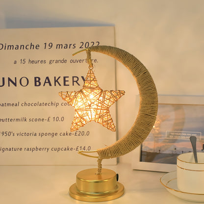 1pc LED Iron Art Hemp Rope Star and Moon Lamp Suitable for Festive Parties, Home Bedroom Table Light Atmosphere Modeling, Christmas, New Year, Eid al-Fitr and Ramadan Decoration Lighting (without Battery, Warm Light)