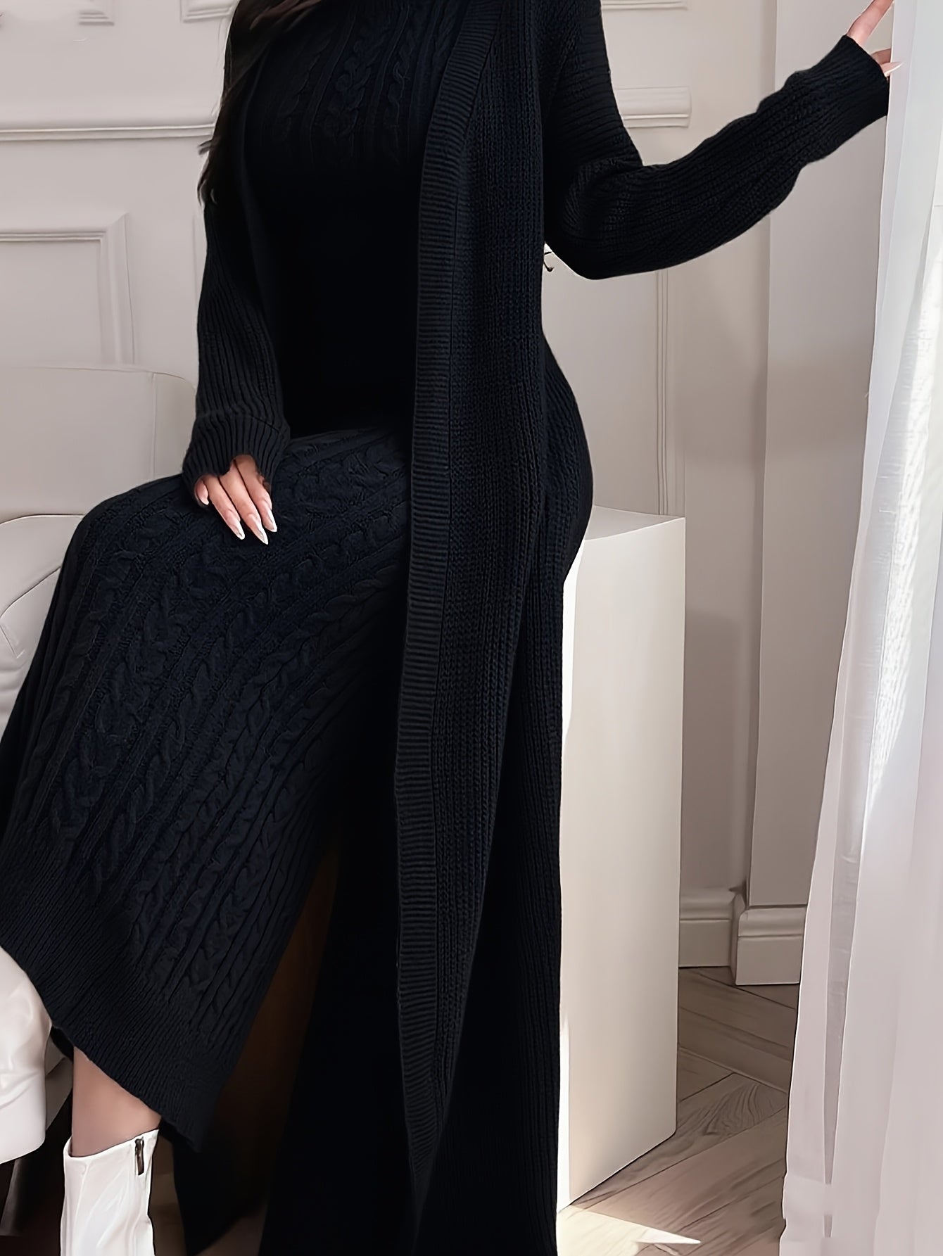 Women’s Elegant Khaki Knit Two-Piece Set – Round Neck Cardigan Top & Sleeveless Braided Texture Dress, Chic Autumn/Winter Outfit for Dates & Parties