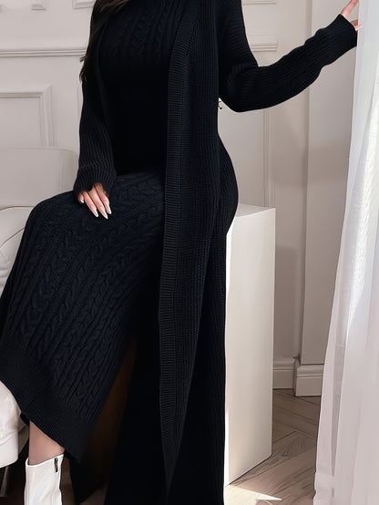 Women’s Elegant Khaki Knit Two-Piece Set – Round Neck Cardigan Top & Sleeveless Braided Texture Dress, Chic Autumn/Winter Outfit for Dates & Parties