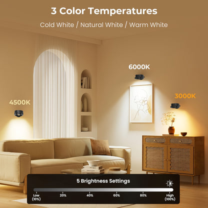 Rechargeable LED Wall Lamp – 360° Rotating Spotlight with Remote & Touch Control, 3-Color Dimming for Home & Gallery