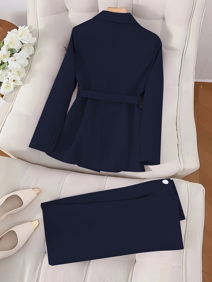 بدلة أنيقة بلون واحد من البليزر مع حزام وبنطال طويل - ملابس مكتب أنيقة لربيع/صيف للنساء مع جيوب