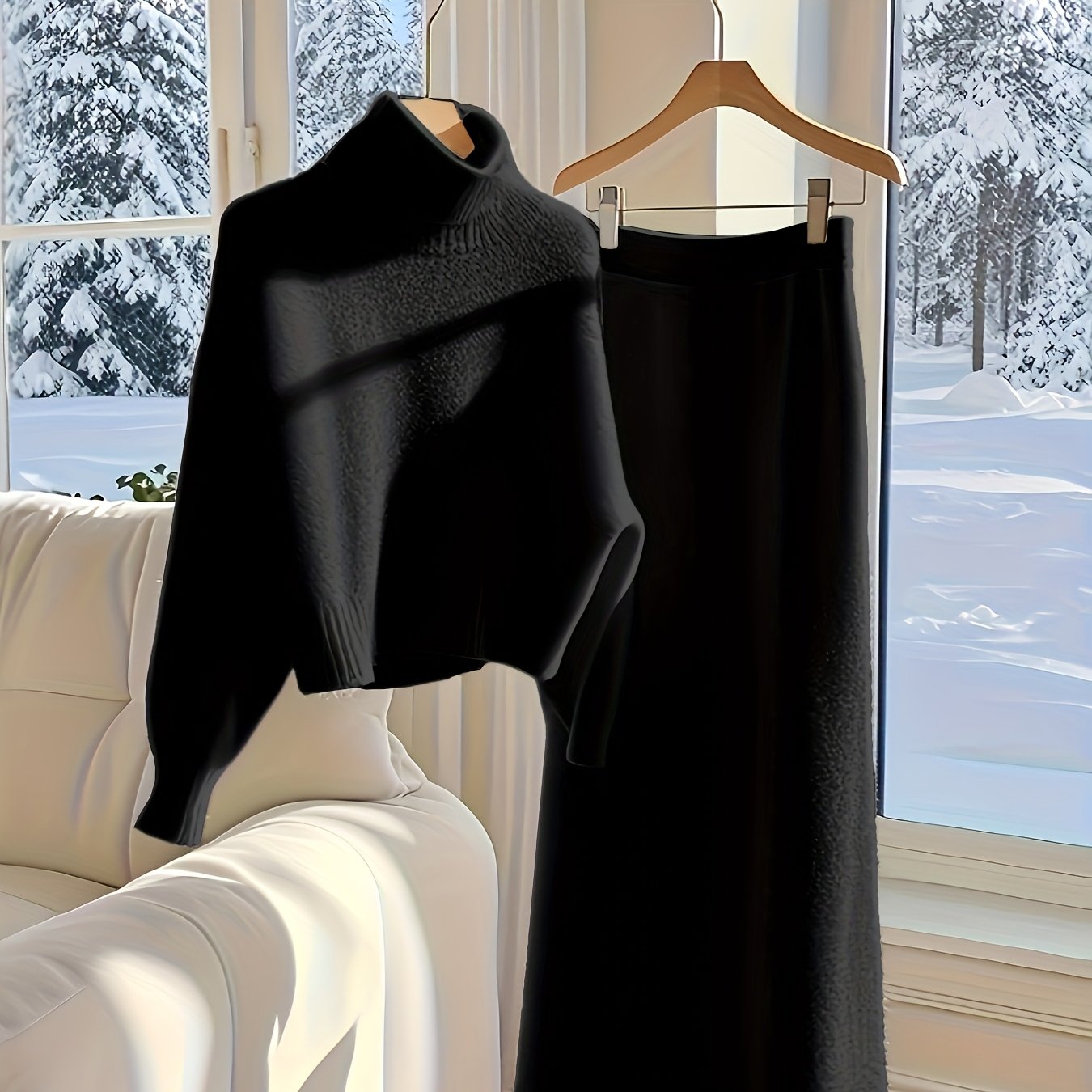 طقم ملابس تريكو نسائي لفصل الخريف والشتاء - فستان طويل فضفاض مع سترة بياقة عالية، بلون واحد