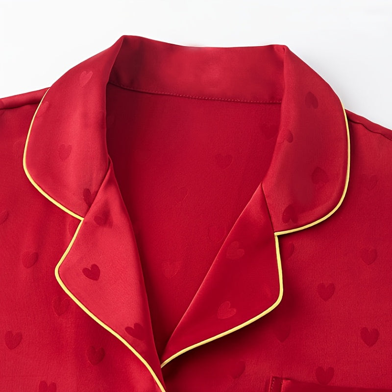 Women’s Elegant Red Heart-Pattern Pajama Set – Soft Long-Sleeve Top & Pants with Lapel Collar and Button Details for Spring/Fall