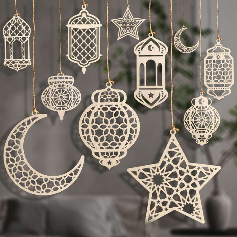 5pcs/set Eid Mubarak Wooden Hanging Ornaments Hollowed Moon Star Pendant for Ramadan Eid al-Fitr Party Decoration DIY Painting Gifts