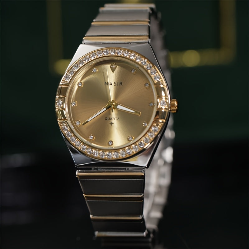Women’s Luxury Stainless Steel Quartz Watch – Golden-Tone Dial with Crystal Accents, Elegant Round Case for Daily Wear or Special Occasions