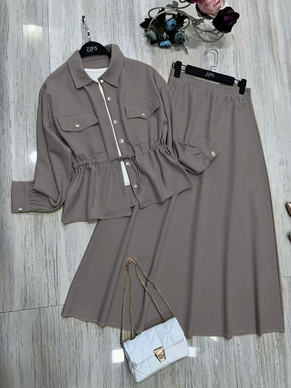 Elegant Women’s Drawstring Waist Top & Skirt Set – Spring/Autumn Collection