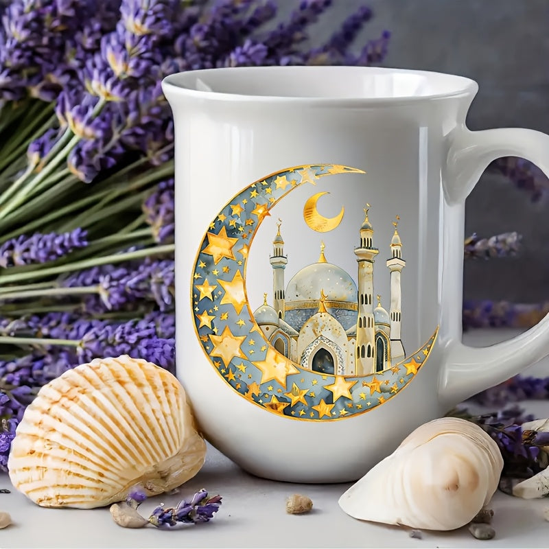 [12pcs Ramadan Moon Themed Decals] 12pcs Ramadan Moon Themed UV DTF Self-Adhesive Decals, High-Quality Waterproof Plastic Decorative Designs, for Glassware, Mugs, Laptops, and Refrigerators