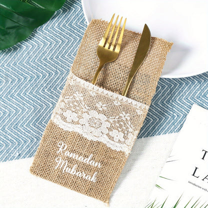 5pcs Burlap Fork Bags | Ramadan Mubarak Tableware, Islamic Muslim Party Decoration, Eid Al-Fitr and Eid Al Adha Gifts, Frohes Ramadan-Fest, Alles Gute zum Fastenbrecher-Fest, L'Aid al-Fitr Mubarak