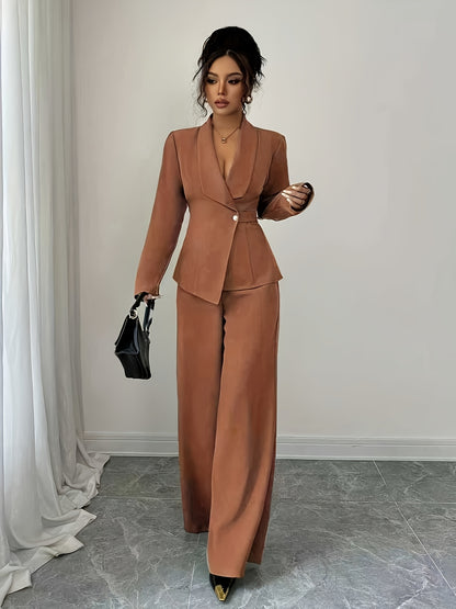 Women’s Elegant Solid Color Pants Suit – Chic Two-Piece Set with Button Details for All-Season Wear