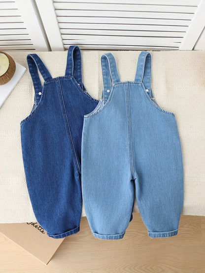 2-Piece Baby Boys’ Faux Denim Overalls – Adjustable Strap Rompers with Cute Bear Pockets, Regular-Fit All-Season Outfit for Outdoor Play