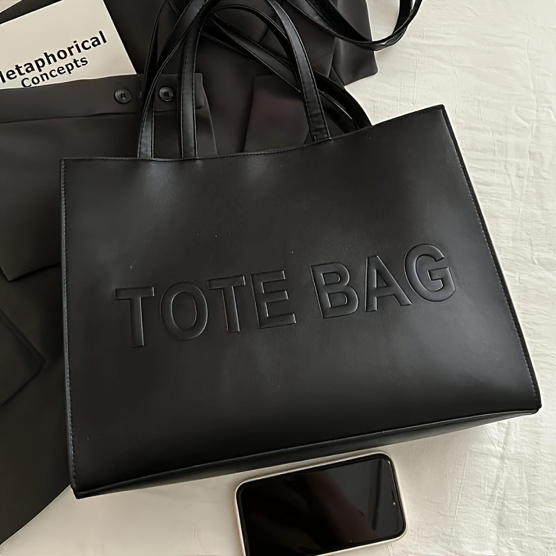 PU Textured Large-Capacity Women’s Tote Bag — Vintage Commuter Shoulder & Crossbody Bag with ‘TOTE BAG’ Embossed Design, Durable and Lightweight, Ideal for Work, Business & School, Available in Black, Brown, and Silve