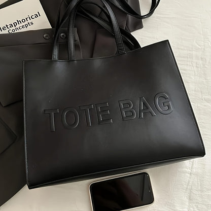 PU Textured Large-Capacity Women’s Tote Bag — Vintage Commuter Shoulder & Crossbody Bag with ‘TOTE BAG’ Embossed Design, Durable and Lightweight, Ideal for Work, Business & School, Available in Black, Brown, and Silve