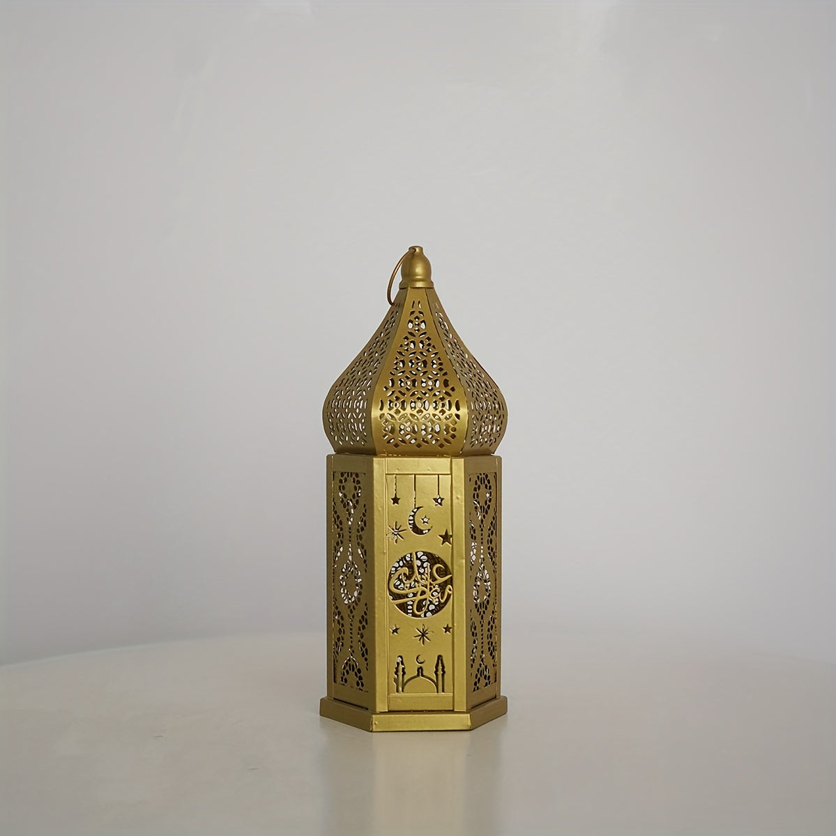 1pc Moroccan Style LED Lantern - Battery-Powered with 3 AAA Batteries (Not Included), Intricate Iron Design with Crescent Moon & Stars, Warm Glow for Ramadan Eid Weddings Home Decor, Tabletop Decoration | Decorative LED Lante