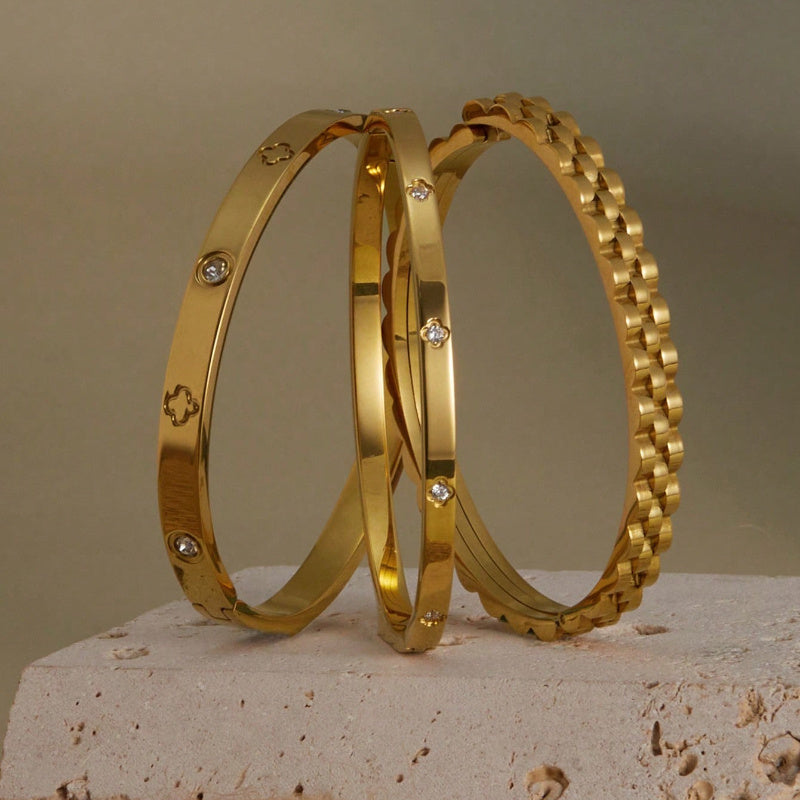 3-Piece Gold-Plated Stainless Steel Bracelet Set – Elegant Chain & Clover Designs for Parties, Festivals, Weddings & Special Gifts