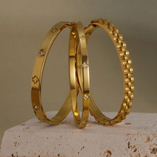 3-Piece Gold-Plated Stainless Steel Bracelet Set – Elegant Chain & Clover Designs for Parties, Festivals, Weddings & Special Gifts