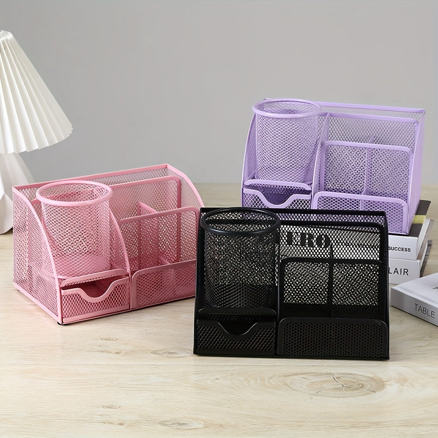 2-Piece Mesh Desk Organizer Set with Sticky Note Holder – Expandable Rustproof Iron Caddy for Home, Office & School Supplies (Black, Green, Pink, Purple)