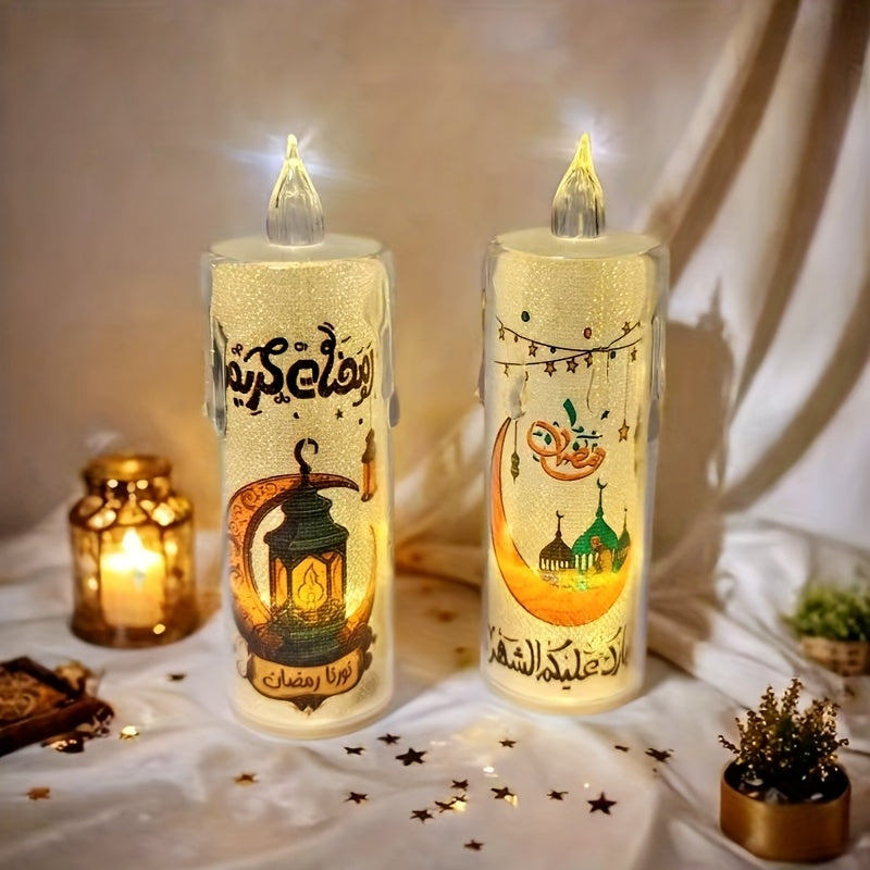 [Ramadan Decor | LED Candles] 2pcs High-Quality LED Crystal Flameless Candles with Islamic Motifs | Battery Operated, Ramadan Decor for Indoor & Outdoor Use | Perfect for Parties, Family Gatherings, and Festive Celebrations (