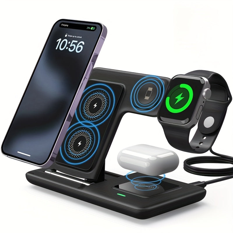 3-in-1 Magnetic Wireless Charging Station – Adjustable Stand USB Charger for iPhone, Apple Watch & AirPods (No Battery Needed)