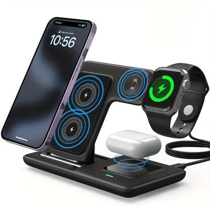 3-in-1 Magnetic Wireless Charging Station – Adjustable Stand USB Charger for iPhone, Apple Watch & AirPods (No Battery Needed)