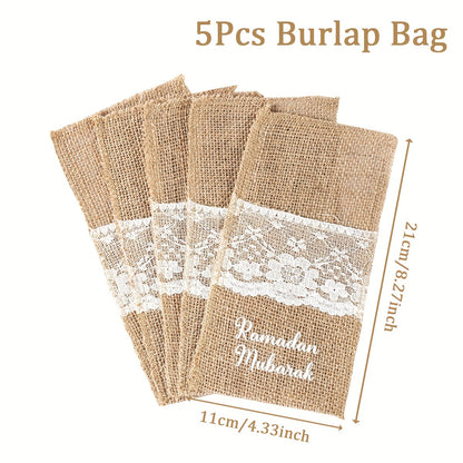 5pcs Burlap Fork Bags | Ramadan Mubarak Tableware, Islamic Muslim Party Decoration, Eid Al-Fitr and Eid Al Adha Gifts, Frohes Ramadan-Fest, Alles Gute zum Fastenbrecher-Fest, L'Aid al-Fitr Mubarak