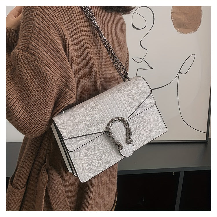 Women’s Luxury Crocodile-Embossed Crossbody Bag – Vintage Faux Leather Shoulder Purse with Adjustable Chain Strap, Zipper & Snap Closure, G-Style Design