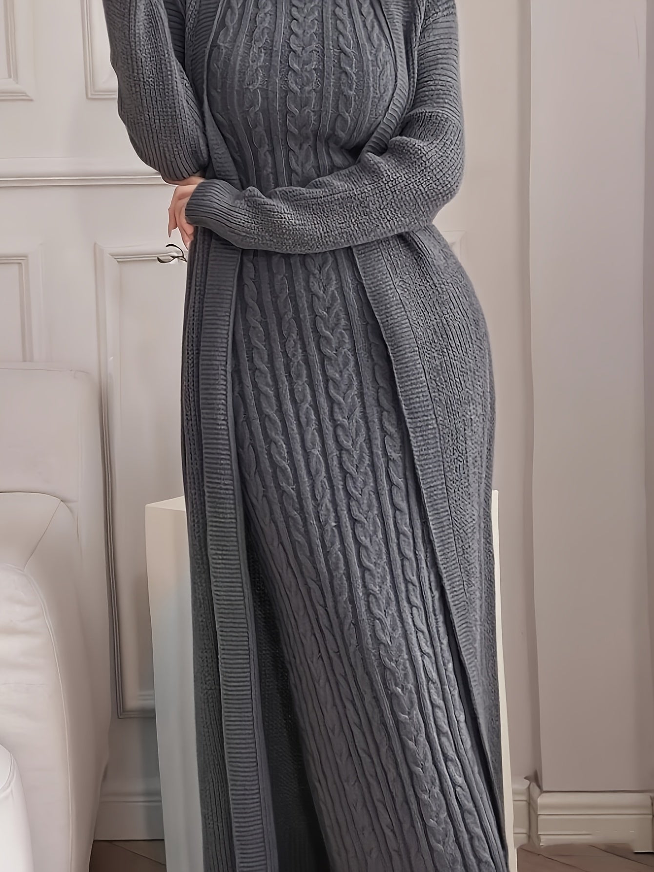 Women’s Elegant Khaki Knit Two-Piece Set – Round Neck Cardigan Top & Sleeveless Braided Texture Dress, Chic Autumn/Winter Outfit for Dates & Parties